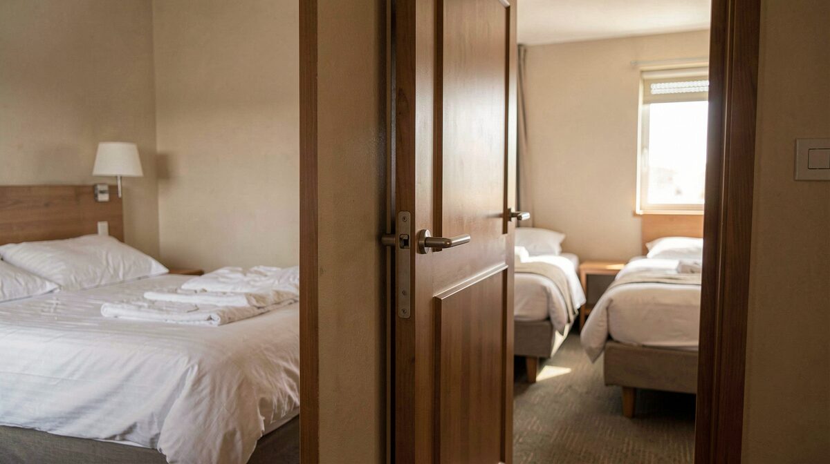 Une porte communicante entrouverte entre deux chambres d'hôtel, vue depuis la première chambre, avec un lit double fait au carré à gauche et deux lits simples visibles dans l'embrasure, lumière naturelle de fin d'après-midi.