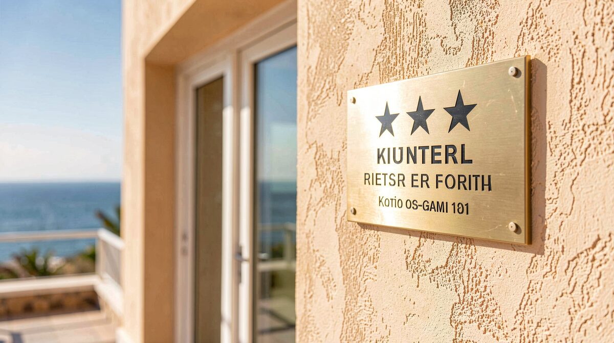 Une plaque de classement hôtelier en étoiles fixée à l'entrée d'un hôtel de bord de mer, à midi, lumière franche du sud, cadrage serré sur la plaque et le mur crépi, une porte vitrée floue en arrière-plan.