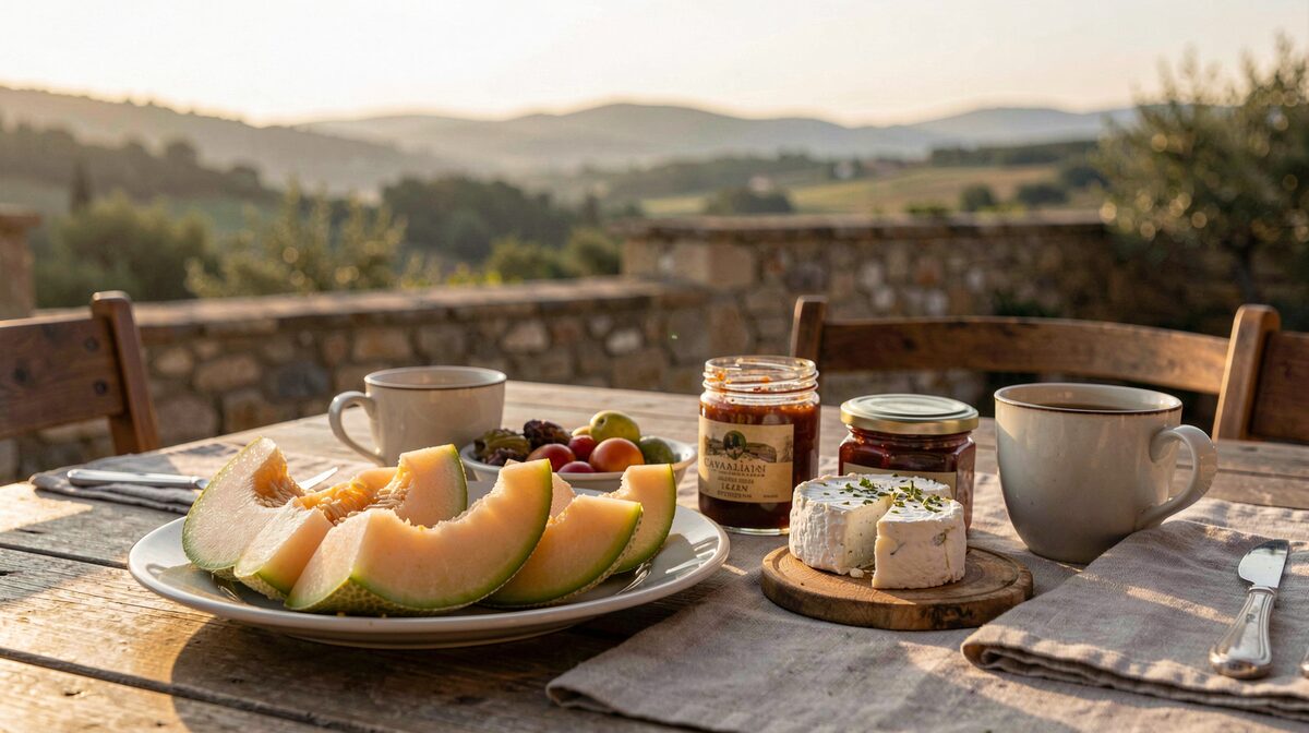 Une table de petit-déjeuner en terrasse dans le Luberon, au matin, avec melon de Cavaillon coupé, fromage de chèvre frais, confitures et café, lumière rasante dorée, cadrage serré à hauteur de table.