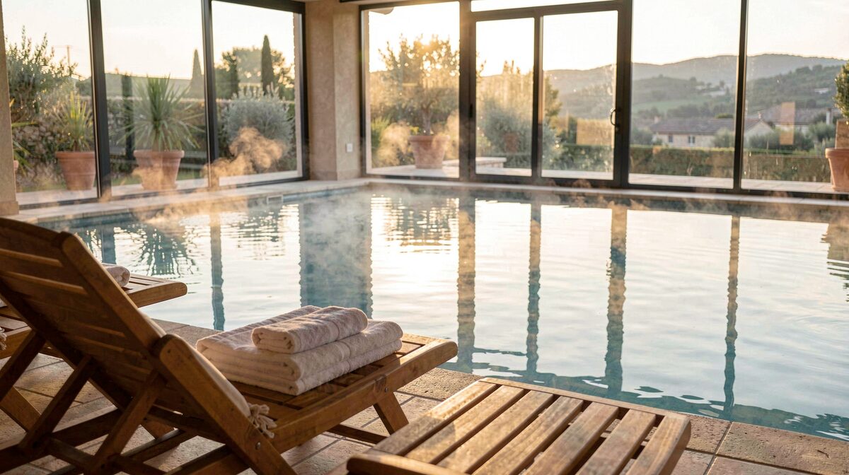 Un bassin intérieur d'hôtel en Provence au petit matin, eau calme et vapeur légère, transat en teck et serviettes pliées au premier plan, lumière rasante par la baie vitrée, cadrage large à hauteur d'eau.