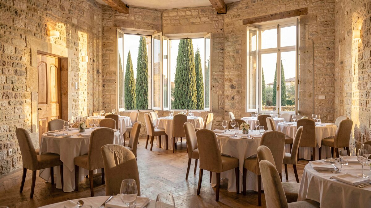 Une salle de séminaire provençale aux murs de pierre claire, tables rondes dressées en cabaret avec chaises recouvertes de tissu beige, grandes fenêtres ouvertes sur des cyprès, lumière dorée de fin d'après-midi, plan large pris depuis l'entrée de la salle.