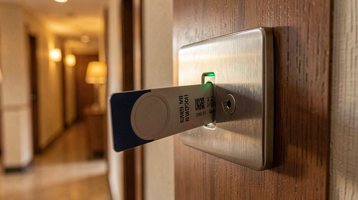 Gros plan sur une serrure à carte d'hôtel en inox brossé, carte magnétique à peine engagée dans la fente, voyant vert allumé, lumière chaude de couloir en fin de journée, cadrage serré de trois quarts.