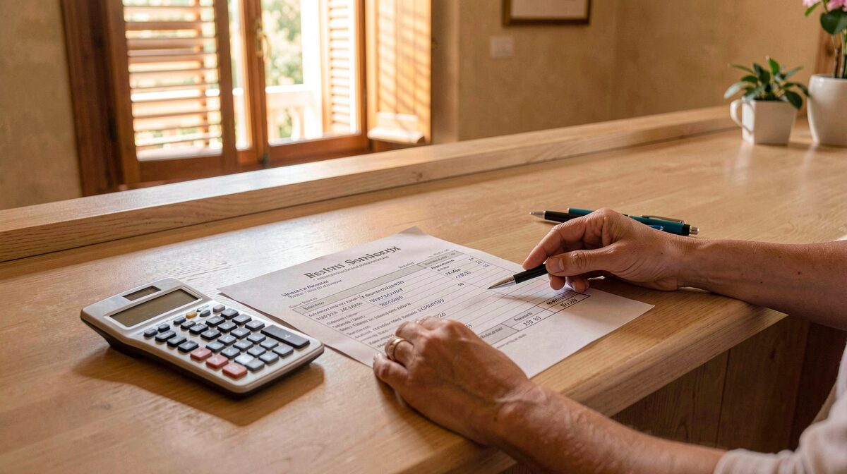 Un bureau de réception d'hôtel en Provence, en fin d'après-midi, avec une note posée sur le comptoir en bois clair, une calculatrice et un stylo à côté, lumière chaude venant d'une fenêtre à volets, cadrage serré sur les mains et le papier.